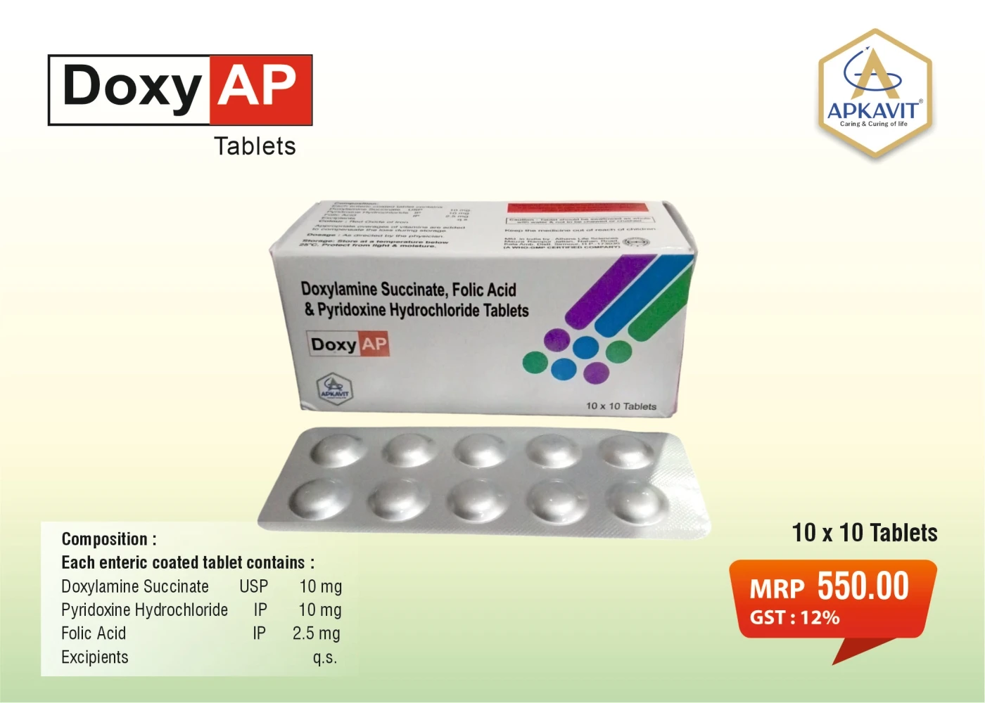 DOXYAMINE SUCCINATE USP 10 MG + PYRIDOXINE HCL 10 MG + FOLIC Tablets